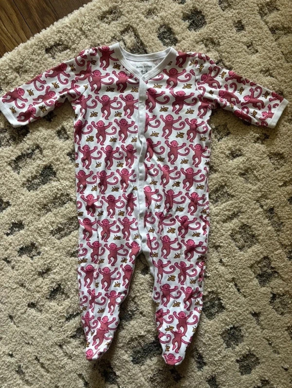Roller Rabbit Pink Monkey Footed Sleeper 6-9M Pima Cotton